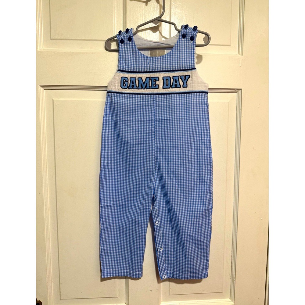 NEW 2T "Game Day" Smocked Football Longalls JonJon UNC Blue Gingham